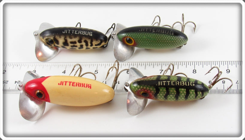 Arbogast Red & White, Green Scale, Perch & Coachdog Jitterbug Lot