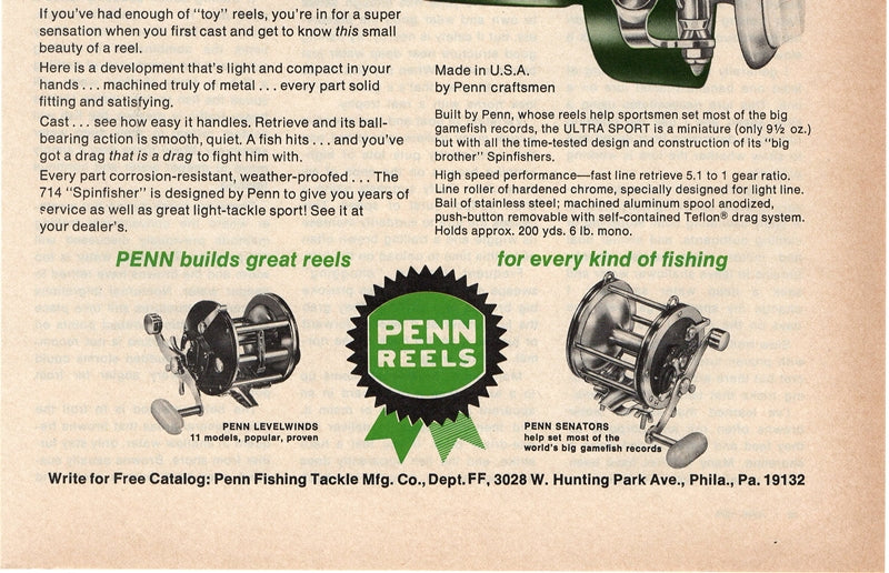 Vintage 1976 Green Penn Spinfisher Reel Ad For Sale