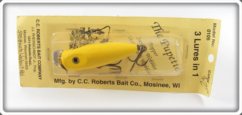 Vintage C.C. Roberts Bait Co Yellow The Pupette Lure On Card