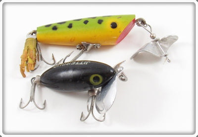 Vintage Arbogast Frog Sputter Bug & Black Jitterbug Lure Pair