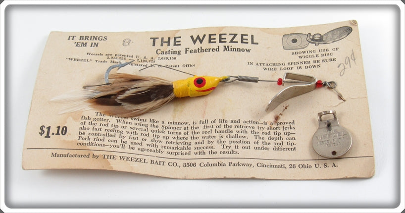 The Weezel Bait Co Yellow The Weezel Casting Feathered Minnow On Card