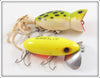 Vintage Arbogast Chartreuse Jitterbug & Frog Hula Popper Lure Pair