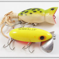 Vintage Arbogast Chartreuse Jitterbug & Frog Hula Popper Lure Pair