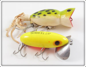 Vintage Arbogast Chartreuse Jitterbug & Frog Hula Popper Lure Pair