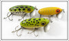 Vintage Arbogast Frog & Yellow Shore Jitterbug Lure Lot Of Three