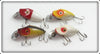 Heddon Lot Of Four Midgit Digits: Yellow Shore, Red/White, White Shore, & Perch