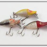 Heddon Tiny Runt Lot Of Three: Yellow Shore, Silver Shore, & Red Head Flitter