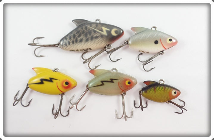 Heddon Sonic Lot Of Five: Black Crappie, Shad, Yellow, Transparent Green, & Perch