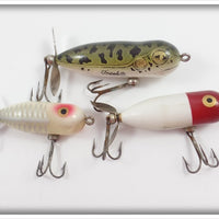 Heddon Tiny Torpedo & Baby Torpedo Lot Of Three: Natural Frog, Red/White, & White Shore