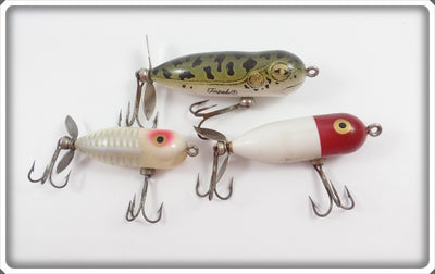 Heddon Tiny Torpedo & Baby Torpedo Lot Of Three: Natural Frog, Red/White, & White Shore