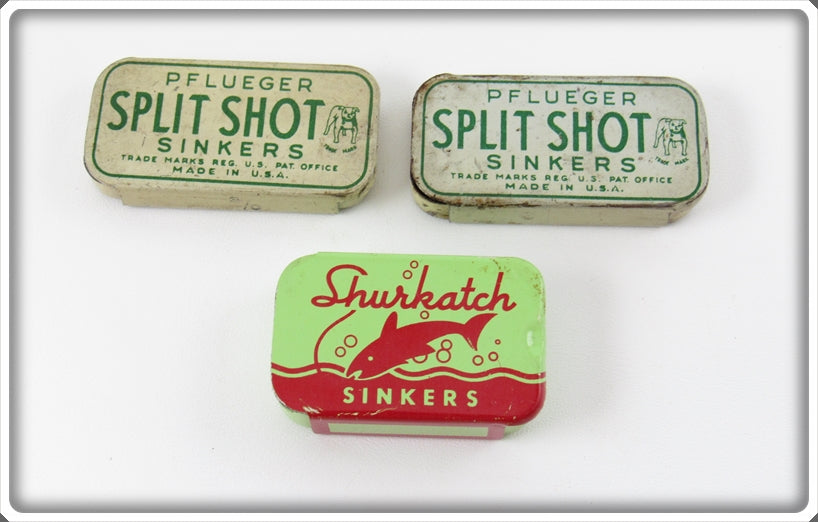 Vintage Pflueger & Shurkatch Split Shot Tin Lot Of Three 