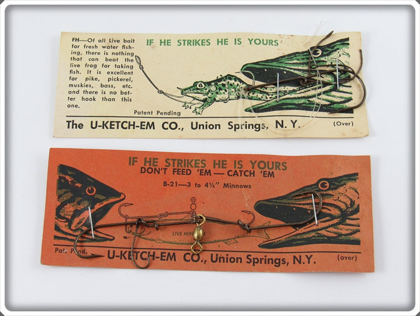 Vintage U-Ketch-Em Live Frog & Live Minnow Hook Pair On Cards 