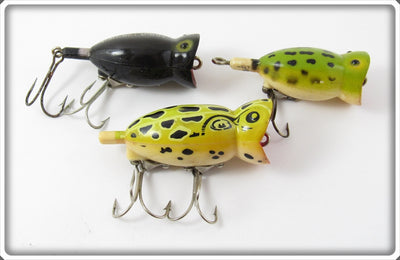 Fred Arbogast Hula Popper Lot Of Three: Natural Frog, Black, & Frog