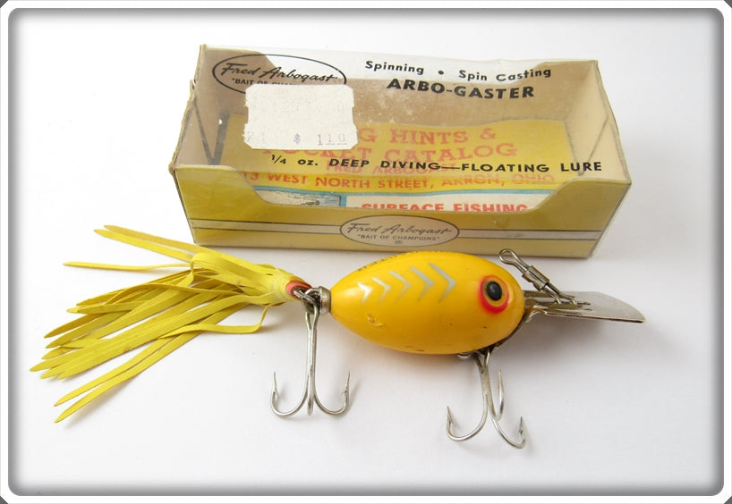Vintage Fred Arbogast Yellow Shore Arbo-Gaster Lure In Box For