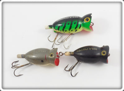 Arbogast Hula Popper Lot Of Three: Black, Grey Scale, GRA