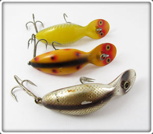 Heddon Tadpolly Spook Lot Of Three: Orange Spotted, Chrome, & Yellow Shore