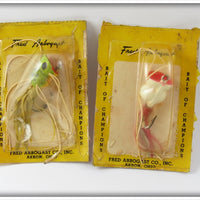 Arbogast Red/White & Frog Fly Rod Hula Popper Pair On Cards