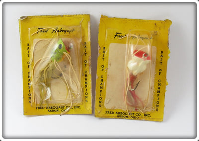 Arbogast Red/White & Frog Fly Rod Hula Popper Pair On Cards