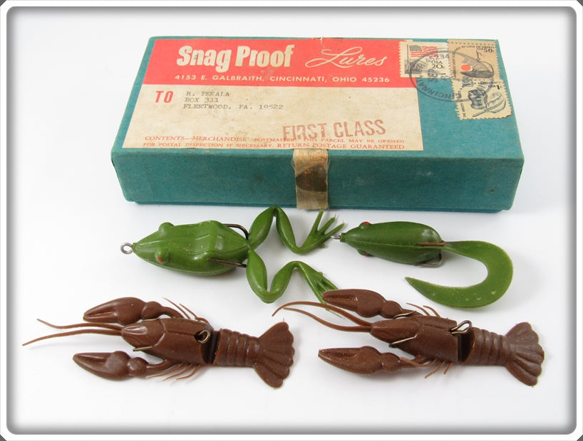 Vintage Snag Proof Frog, Crawdad & Tadpole Lure Set In Box For Sale