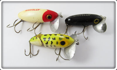 Arbogast Jitterbug Lot Of Three: Frog, Red/White, & Black