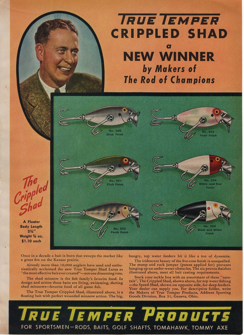 1942 True Temper Crippled Shad & Speed Shad Two Sided Ad For Sale