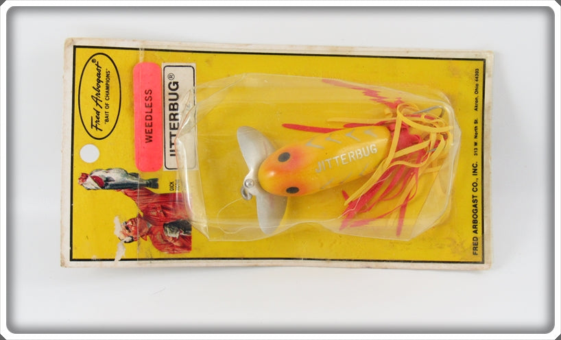 Vintage Fred Arbogast Yellow Shore Weedless Jitterbug On Card For