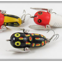 Heddon YRH, Red & White Shore & Black Frog Tiny Crazy Crawler Lot Of Three