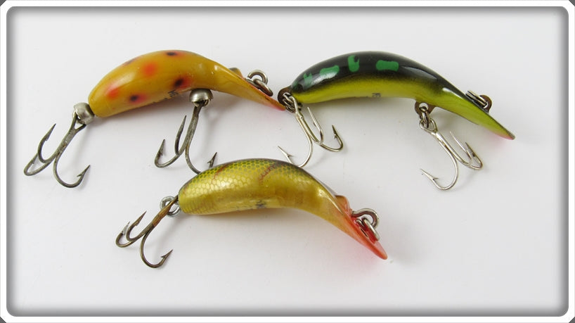Heddon Tiny Tad Lot Of Three: Orange Spotted, Bullfrog, & Perch