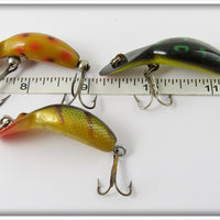 Heddon Tiny Tad Lot Of Three: Orange Spotted, Bullfrog, & Perch