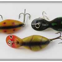 Heddon Tiny Tad Lot Of Three: Orange Spotted, Bullfrog, & Perch