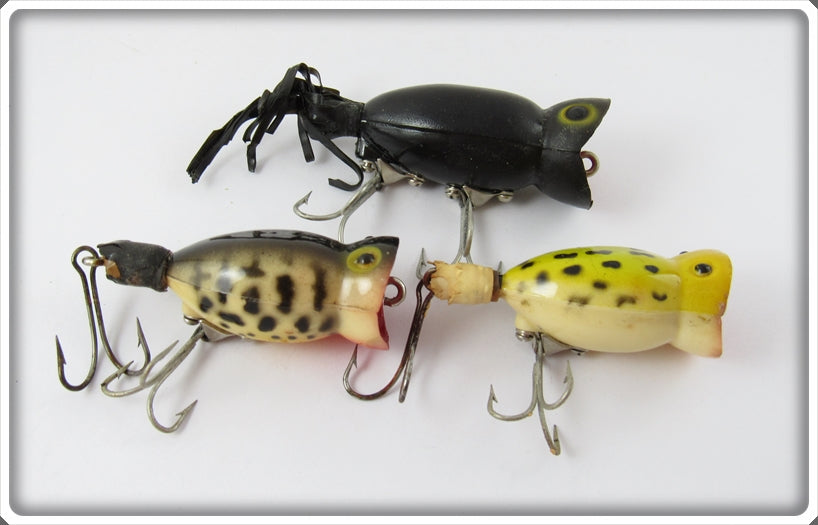 Arbogast Hula Popper Lot Of Three: Black, Frog, & Coachdog