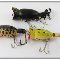 Arbogast Hula Popper Lot Of Three: Black, Frog, & Coachdog