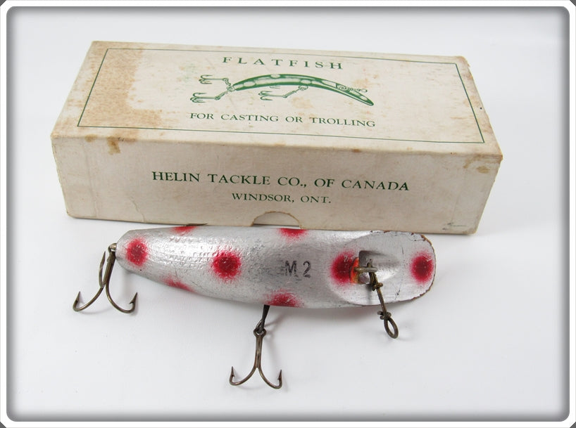 antique fishing lures flatfish Vintage Helin Tackle Silver Red Spots M2 Flatfish Lure In Box For Sale