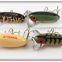 Arbogast Red & White, Green Scale, Perch & Coachdog Jitterbug Lot Of Four