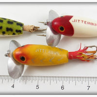 Arbogast Yellow Shore, Frog & Red Head White Weedless Jitterbug Lot Of Three