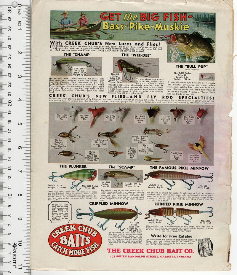 fishing artificial lure patent 1936 Vintage 1936 The Creek Chub Bait Co Catch More Fish Ad For Sale