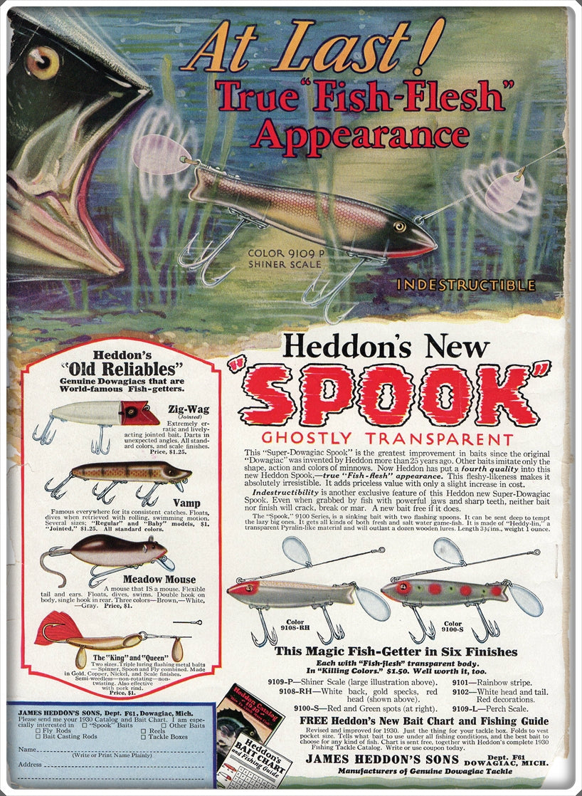 Vintage 1930 Heddon's New Spook Ghostly Transparent Ad