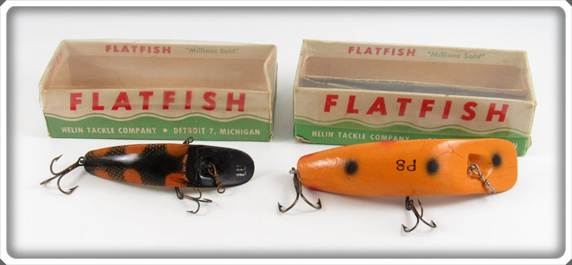Vintage Helin Orange & Black Flatfish Lure Pair In Boxes 