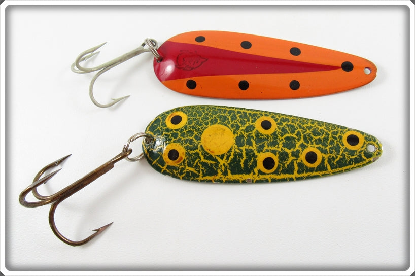 Lou J Eppinger Frog & Orange Black Spots Dardevle Spoon Pair 