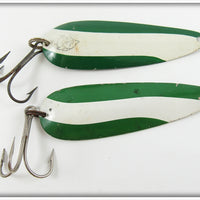 Vintage Lou J Eppinger Green & White Dardevle Spoon Lure Pair