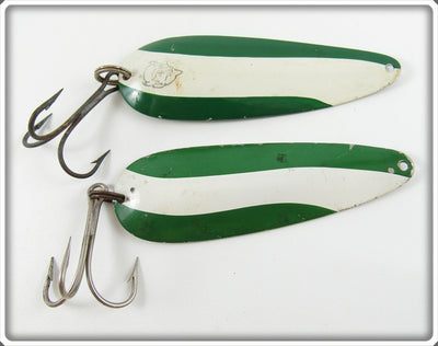 Vintage Lou J Eppinger Green & White Dardevle Spoon Lure Pair