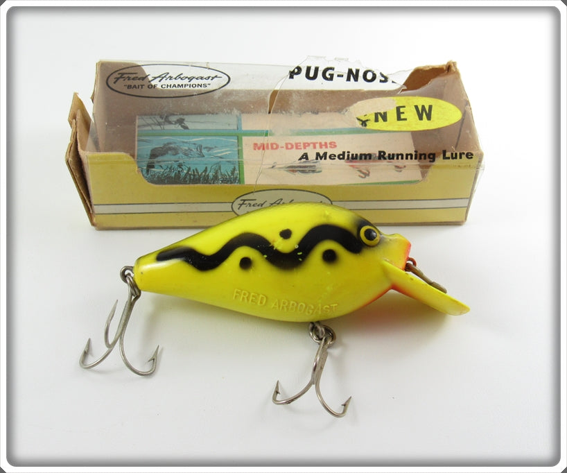 Vintage Fred Arbogast Yellow Snake Line Pug Nose Lure In Box