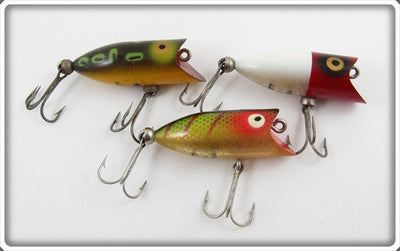 Heddon Tiny Lucky 13 Lot Of Three: Bullfrog, Red/White, & Perch