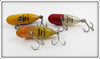 Heddon Tiny Lucky 13 Lot Of Three: Bullfrog, Red/White, & Perch