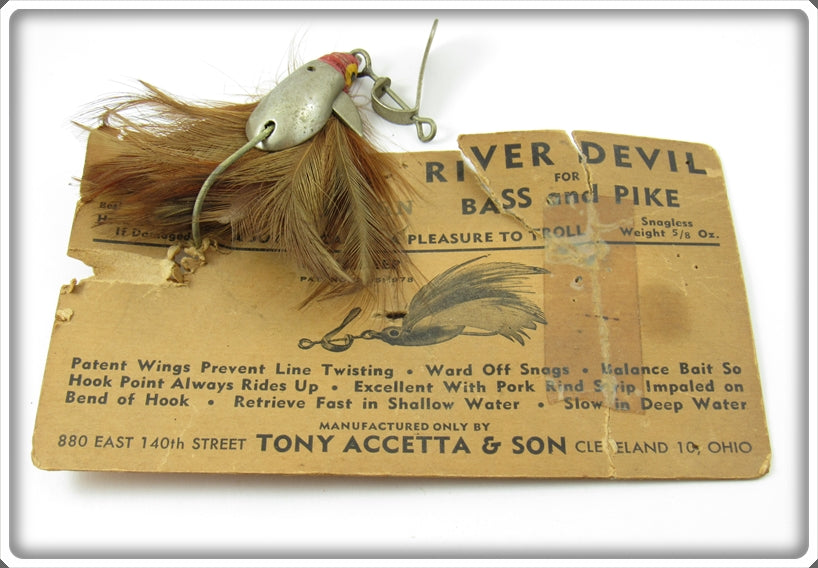 VINTAGE TONY ACCETTA RIVER DEVIL SPINNER WITH BROWN FEATHERS FISHING LURE
