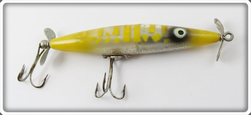 dying flutter fishing lure Vintage Heddon Silver & Yellow Dying Flutter Lure 9205 Y For Sale