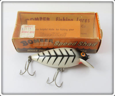 Vintage Bomber Bait Co White Black Ribs Speed Shad Lure In 4S53 Box