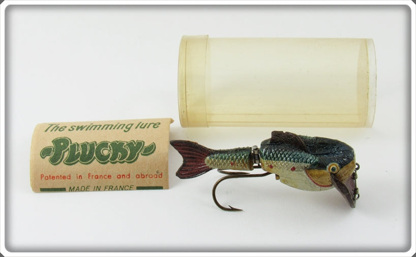 Vintage Plucky Black & Blue Fish Lure In Tube With Paper