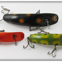 Vintage Helin Frog, Black, & Orange Flatfish Lure Lot Of Three