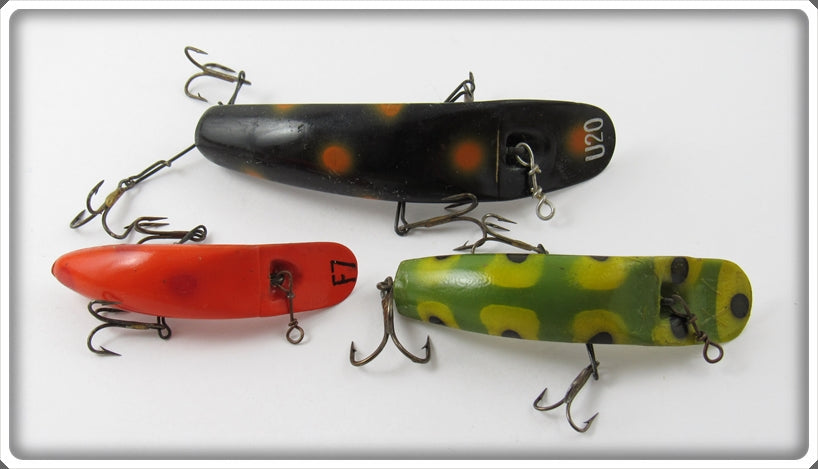 Vintage Helin Frog, Black, & Orange Flatfish Lure Lot Of Three